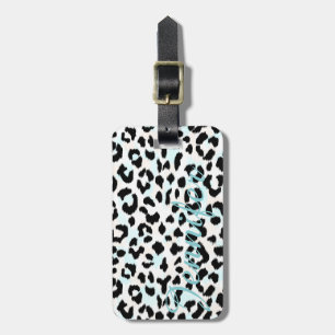 Chic black and white cheetah print monogram luggage tag