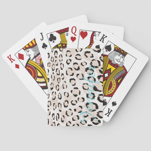 Chic black and white cheetah print monogram playing cards (Back)