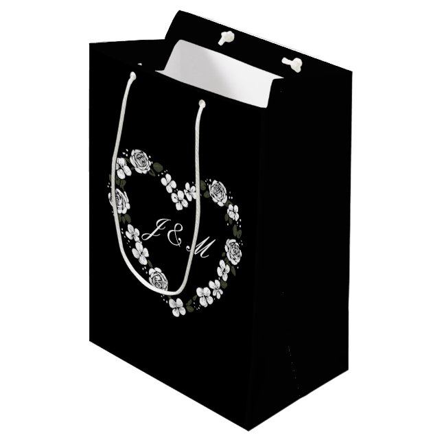 Chic Black and White Floral Wedding Gift Bag (Front Angled)