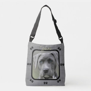 Chic Black and White Gingham Pet Photo Paw Print Crossbody Bag