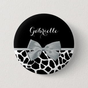 Chic Black and White Giraffe Print Silver Grey Bow 2 Inch Round Button