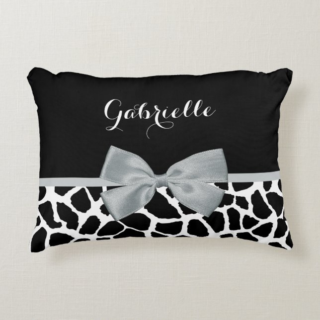 Chic Black and White Giraffe Print Silver Grey Bow Decorative Pillow (Front)