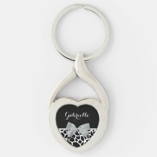 Chic Black and White Giraffe Print Silver Grey Bow Keychain