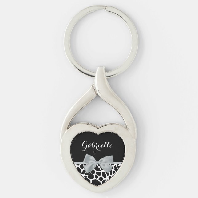 Chic Black and White Giraffe Print Silver Grey Bow Keychain (Front)