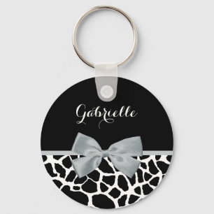 Chic Black and White Giraffe Print Silver Grey Bow Keychain