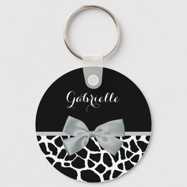 Chic Black and White Giraffe Print Silver Grey Bow Keychain (Front)