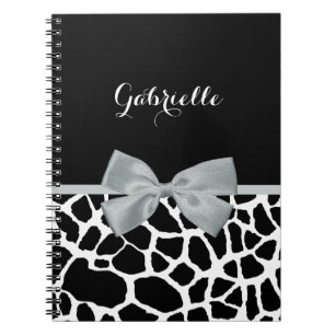 Chic Black and White Giraffe Print Silver Grey Bow Notebook