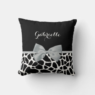 Chic Black and White Giraffe Print Silver Grey Bow Throw Pillow