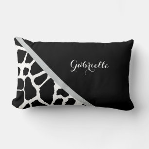 Chic Black and White Giraffe Print With Name Lumbar Pillow