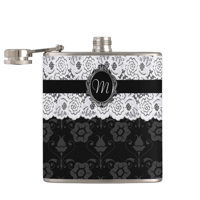 Chic Black and White Lace Monogram Flask (Opened)