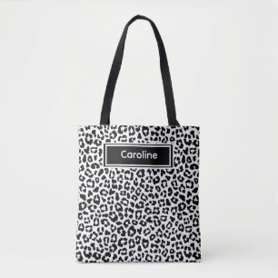 Chic Black and White Leopard Personalized Name Tote Bag