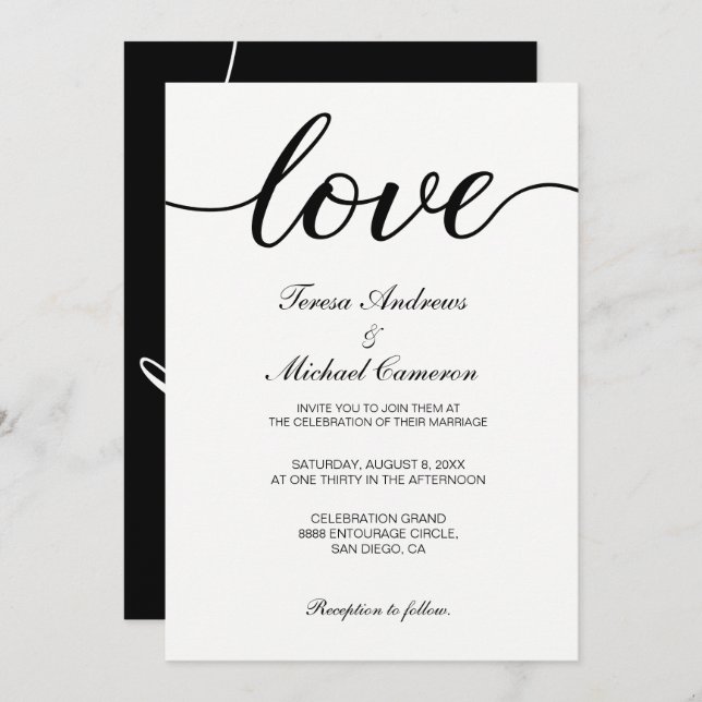 Chic Black and White Love Script Wedding Invitation (Front/Back)
