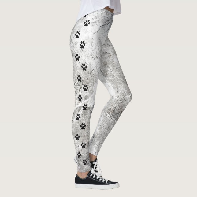 Chic Black and White Marble Side Stripe Paw Print Leggings (Right)