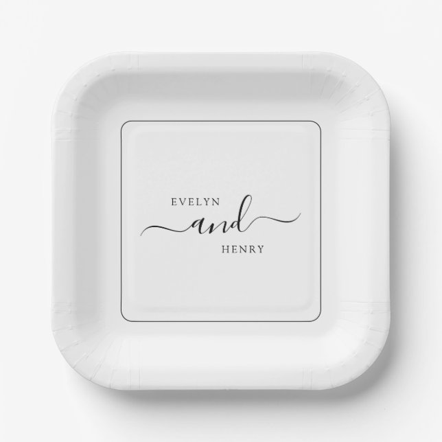 Chic Black and White Minimalist Wedding Paper Plate (Front)