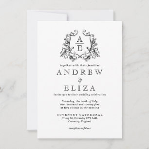Chic Black and White Monogram Crest Wedding Invitation