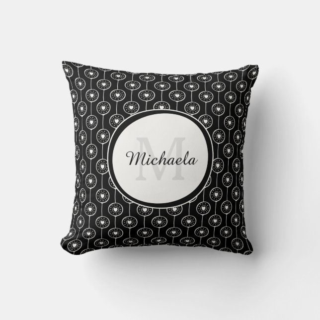 Chic Black and White  Monogrammed Name Heart Dots Throw Pillow (Front)