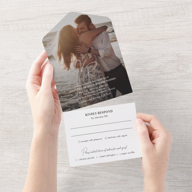 Chic Black and White Photo Modern Wedding All In One Invitation (Tearaway)