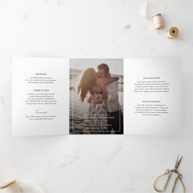 Chic Black and White Photo Modern Wedding Tri-Fold Invitation (Inside)