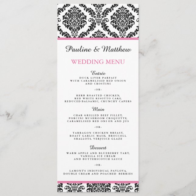 Chic Black and White Pink Damask Wedding Menu (Front)