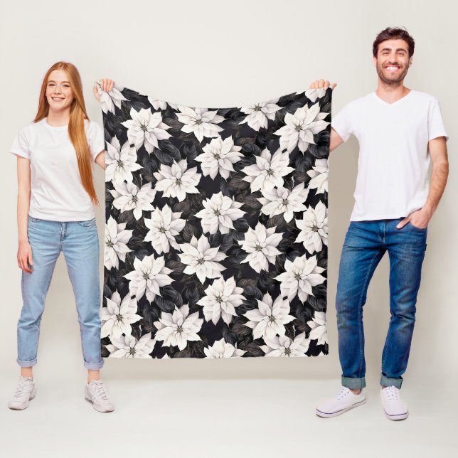 Chic black and white poinsettia fleece blanket (In Situ)