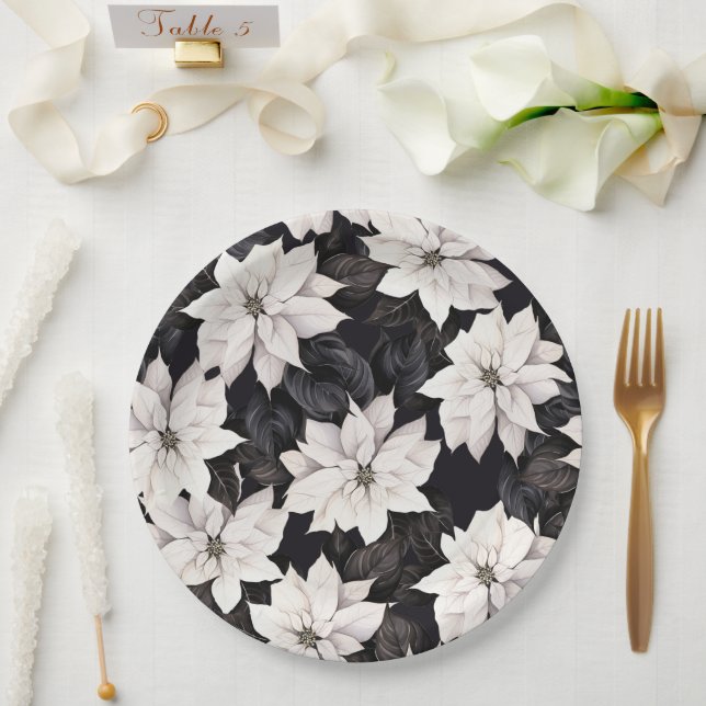 Chic black and white poinsettia paper plate (Wedding)