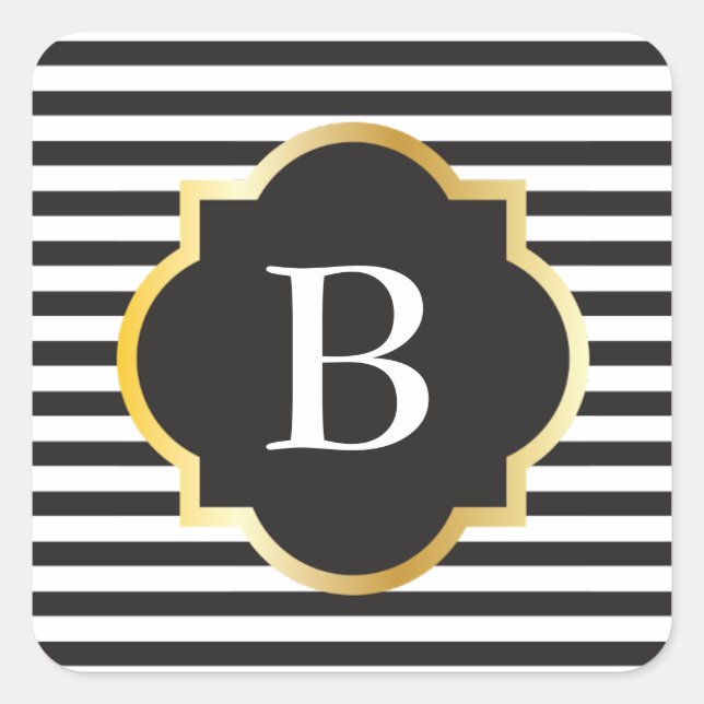 Chic Black and White Stripe Gold Monogram Square Sticker (Front)
