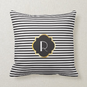 Chic Black and White Stripe Gold Monogram Throw Pillow