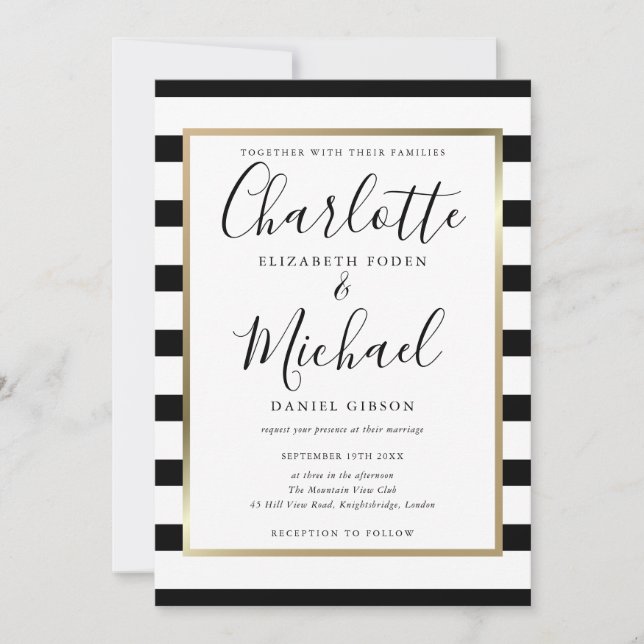 Chic Black And White Stripe Script Photo Wedding Invitation (Front)
