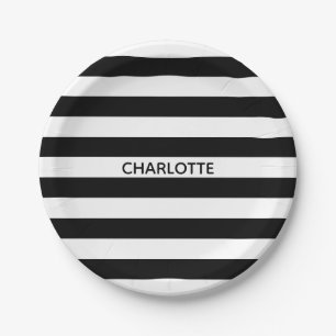 Chic black and white stripes custom name birthday paper plate