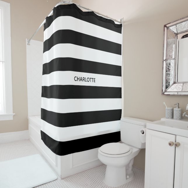 Chic black and white stripes custom name monogram (In Situ)