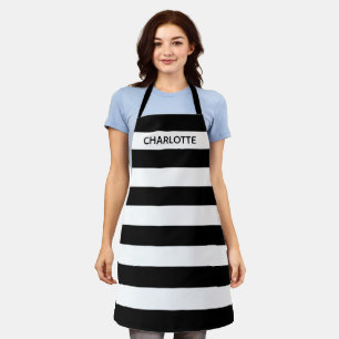 Chic black and white stripes custom name monogram apron