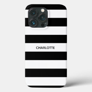 Chic black and white stripes custom name monogram iPhone 13 pro case