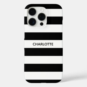 Chic black and white stripes custom name monogram iPhone 16 pro case