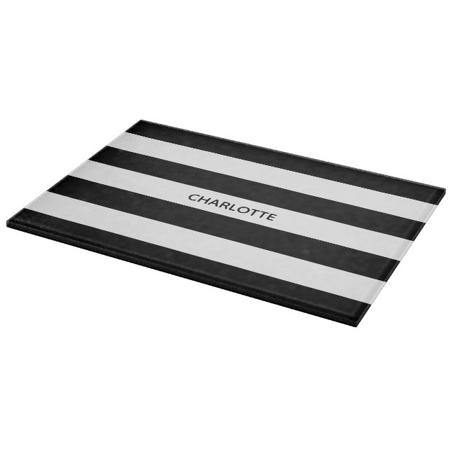 Chic black and white stripes custom name monogram cutting board (Corner)