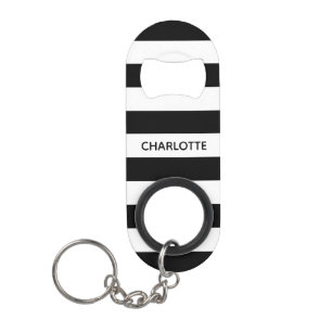 Chic black and white stripes custom name monogram keychain bottle opener