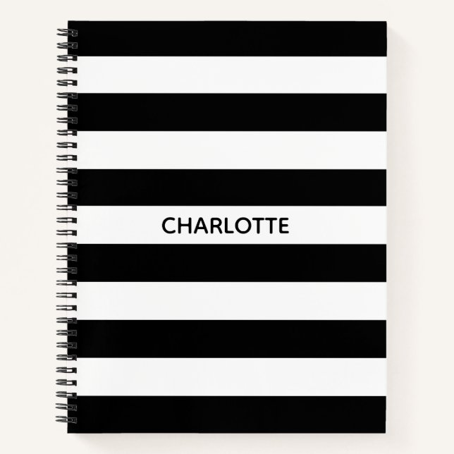 Chic black and white stripes custom name monogram notebook (Front)