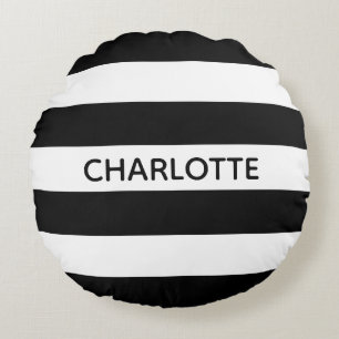 Chic black and white stripes custom name monogram round pillow