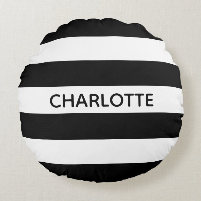 Chic black and white stripes custom name monogram round pillow (Front)