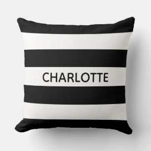 Chic black and white stripes custom name monogram throw pillow