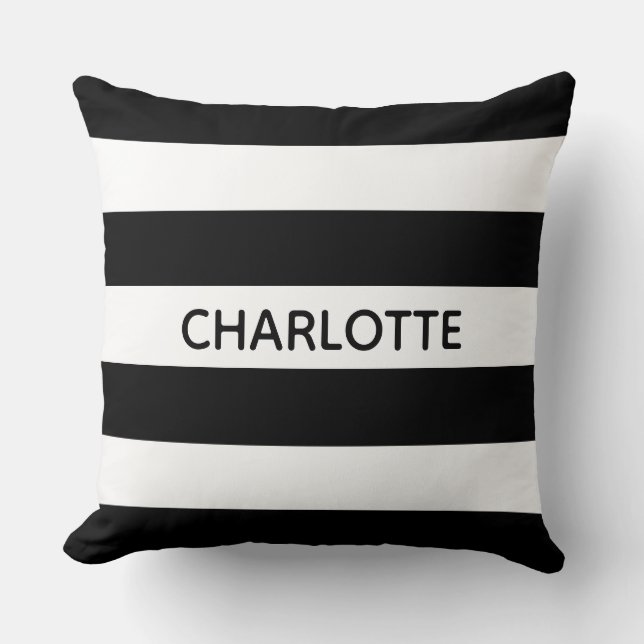 Chic black and white stripes custom name monogram throw pillow (Front)