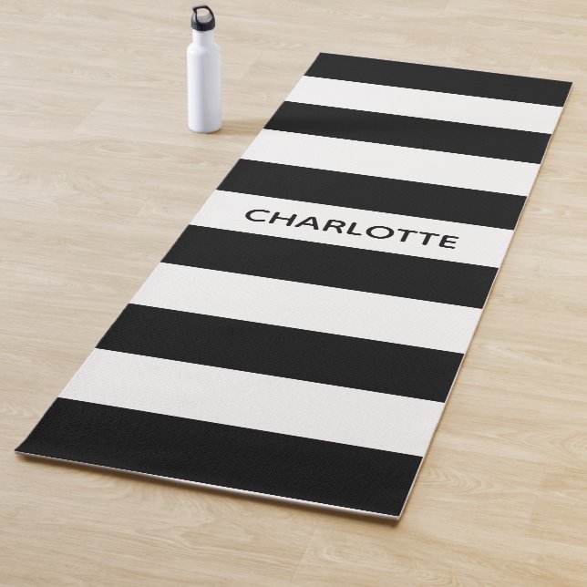 Chic black and white stripes custom name monogram yoga mat (In Situ)