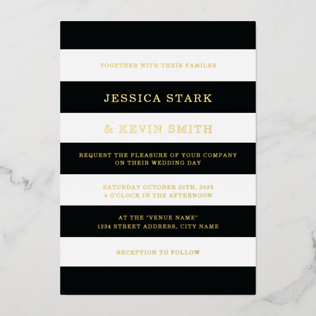 Chic Black and White Stripes Wedding Gold (Front)