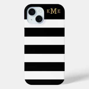 Chic Black and White Stripes with Gold Monogram iPhone 15 Case