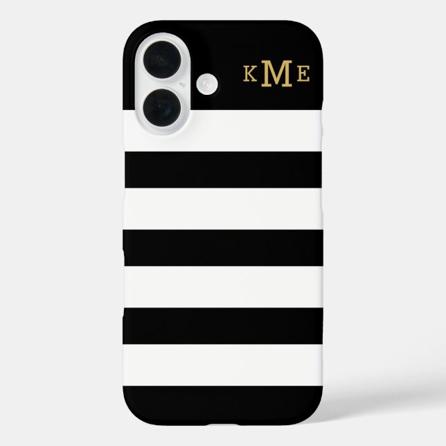 Chic Black and White Stripes with Gold Monogram Case-Mate iPhone Case (Back)