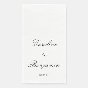 Chic Black and White Wedding Names and City Script Napkin