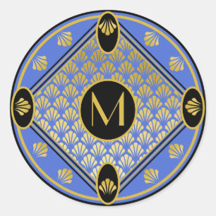 Chic Black & Azure Art Deco Fan Pattern Monogram Classic Round Sticker