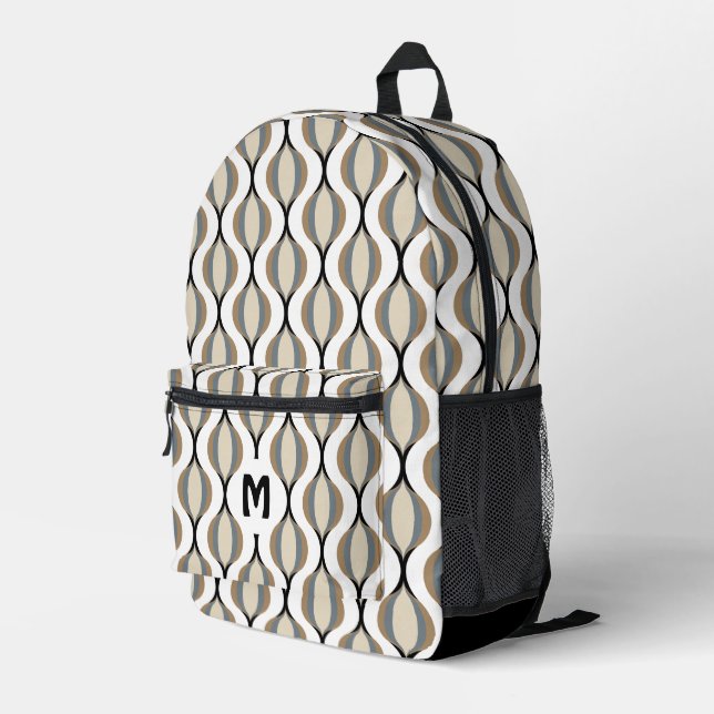 Chic Black Beige Grey Midcentury Waves Pattern Printed Backpack (Back Corner Right)