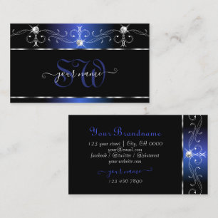 Chic Black Blue Squiggles Sparkle Jewels Monogram Business Card
