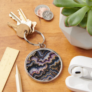 Chic Black Blue Violet Purple Gold Marble Pattern Keychain