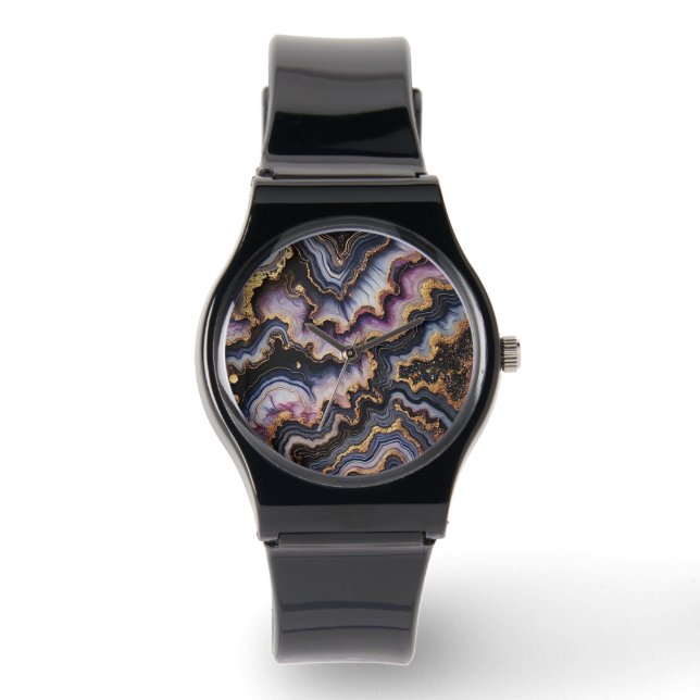 Chic Black Blue Violet Purple Gold Marble Pattern Watch (Front)